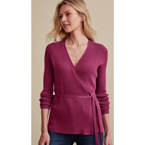 NEW SOFT SURROUNDINGS Size 1X Clare Wrap Pink Sparkle Ribbed Sweater Top - Picture 1 of 7